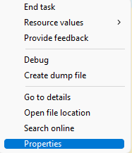 Properties menu item