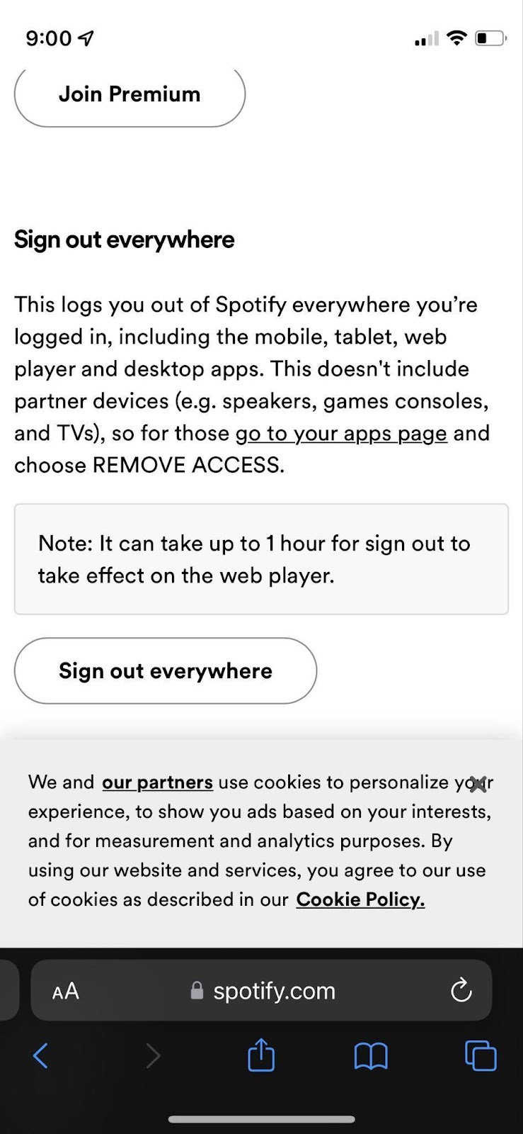 sign out everywhere option to fix Spotify no internet connection issue