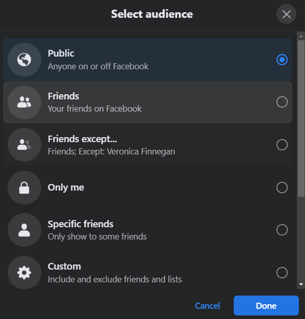 select audience for post in facebook messenger