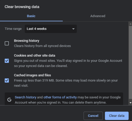 clear browsing data in Google Chrome
