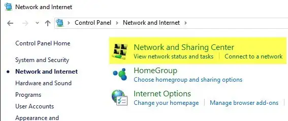 network and sharing center in control panel
