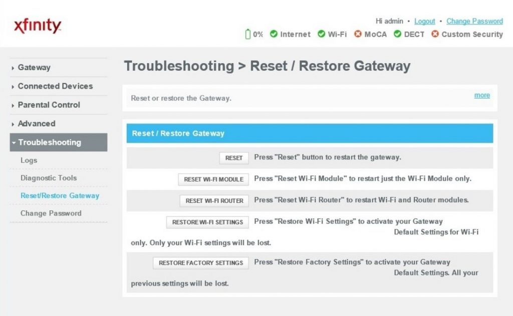 find troubleshooting in Xfinity Gateway dashboard