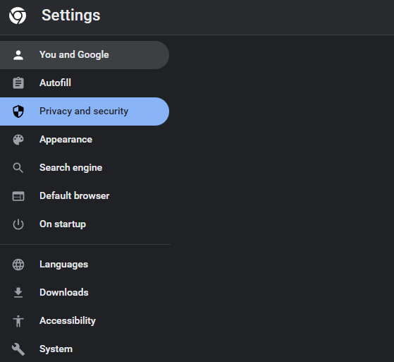 privacy and security from Google Chrome settings