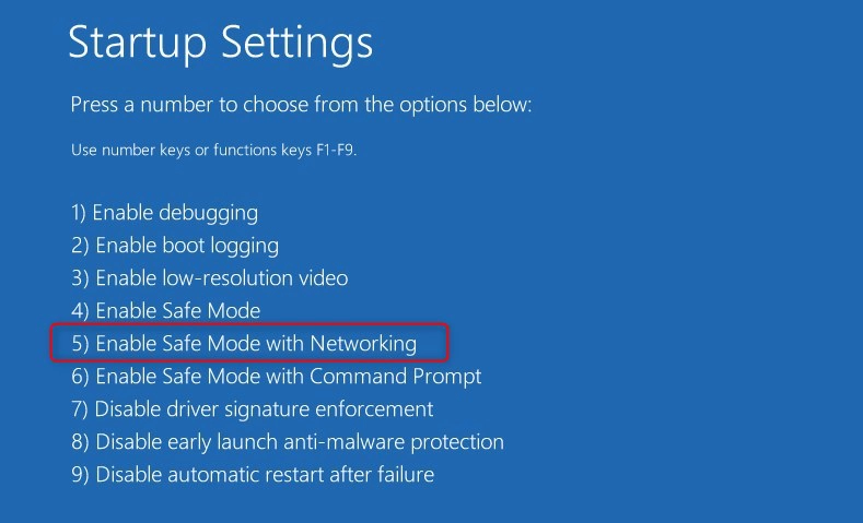 startup settings - enable safe mode with networking