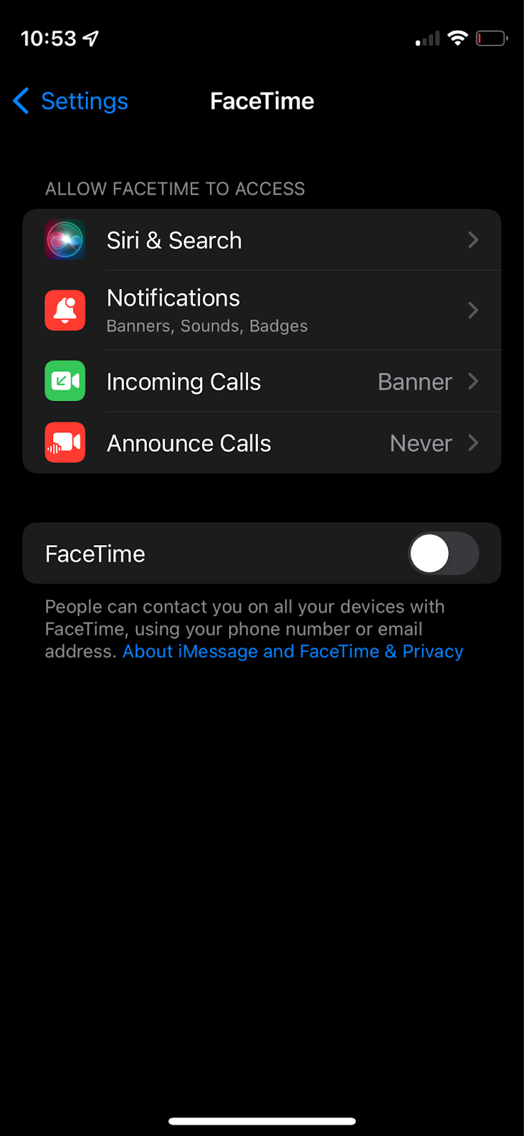 facetime off setting