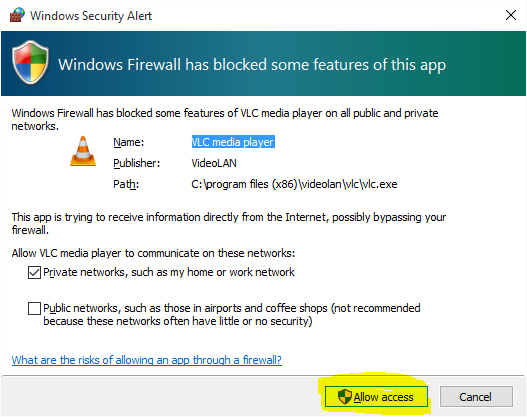 allowing VLC media player through the Windows Firewall