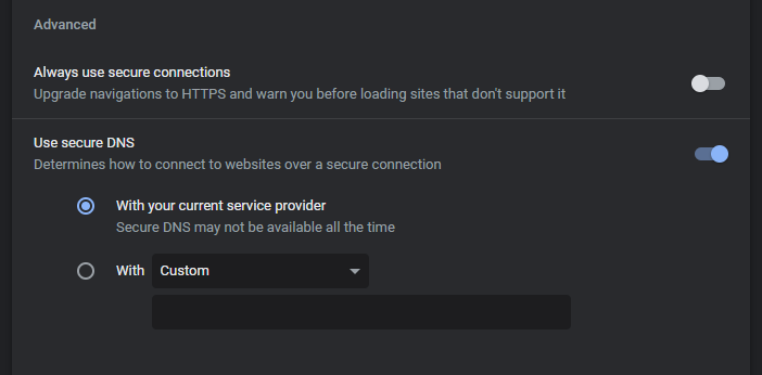 use secure DNS when changing DNS to solve webpage not available error