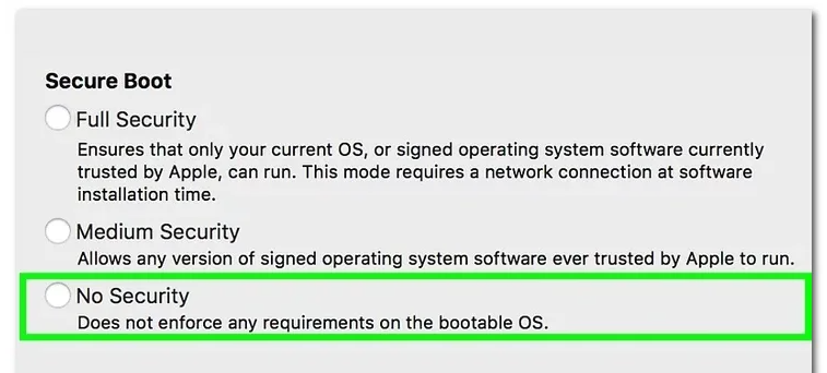 secure boot disabled to solve kernel driver not installed error in macOS