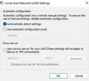 LAN settings set to automatically detect