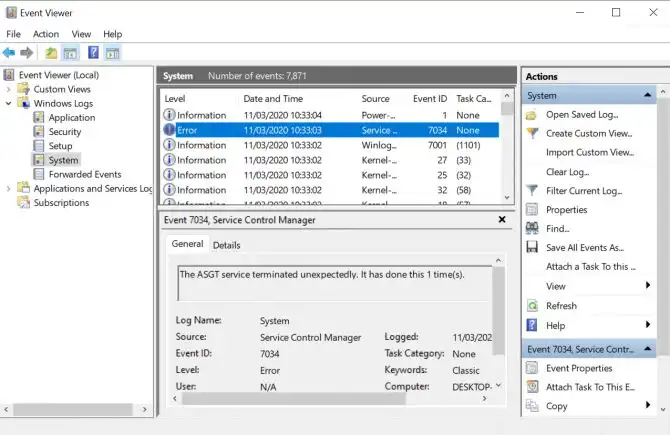 Error details in the Windows Event Viewer