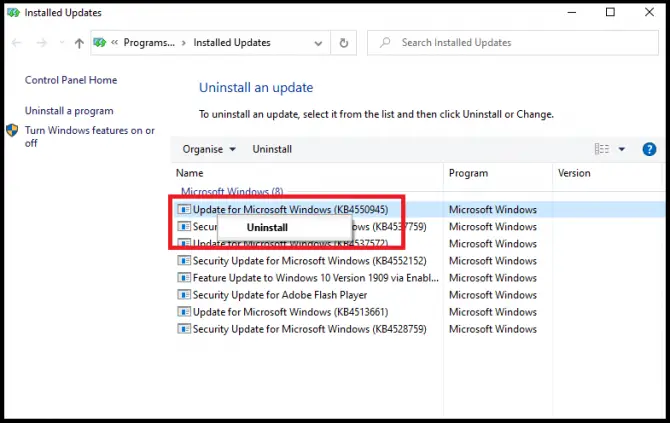 Uninstall latest Windows update