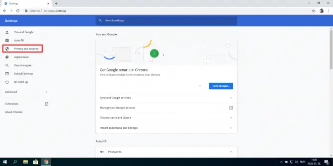 Google Chrome settings menu