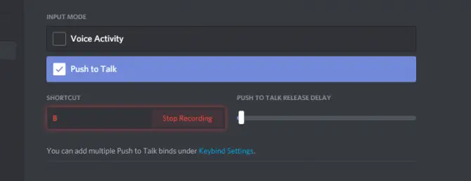 When you Record Keybind, a red-bordered box appears. That is when you have to select your "push to talk" button from the keyboard.