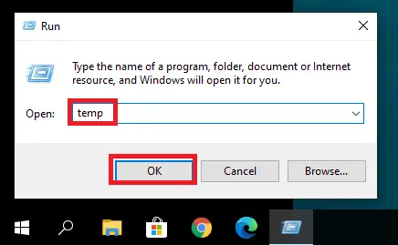 opening temp folder from Run app in Windows 10