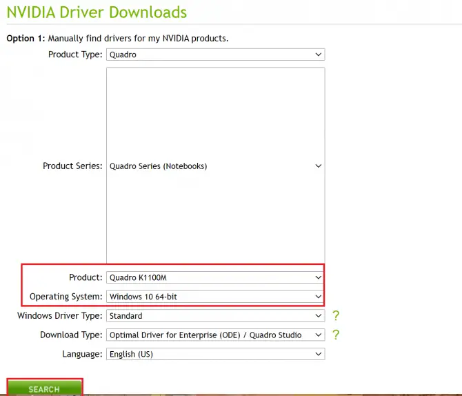 searching for driver on nvidia site