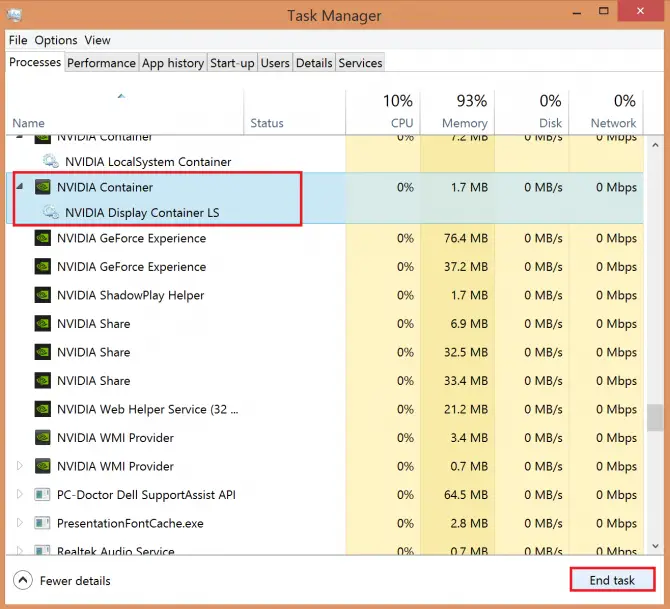 ending the Nvidia display container process