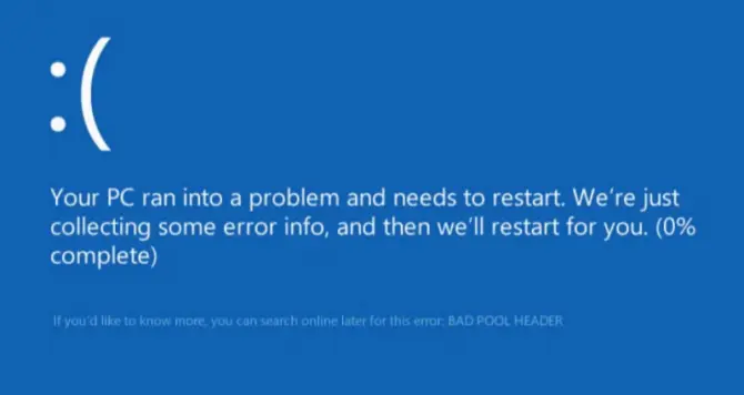 BAD_POOL_HEADER error message on Windows 10