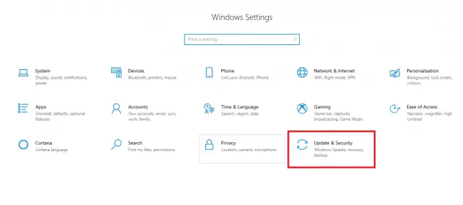 update and security settings in windows 10