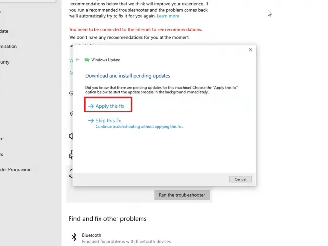 applying fix in windows update troubleshooter