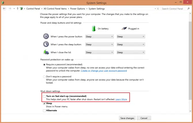 turning off fast start-up