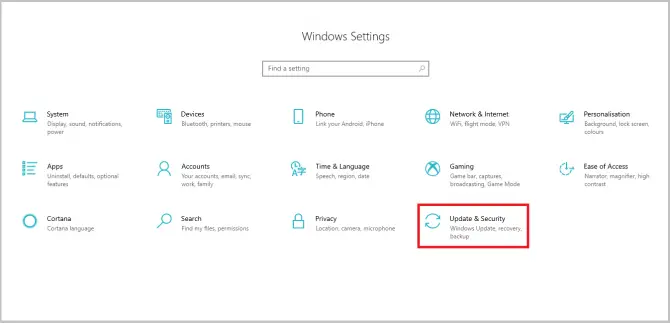 opening Update and Security settings