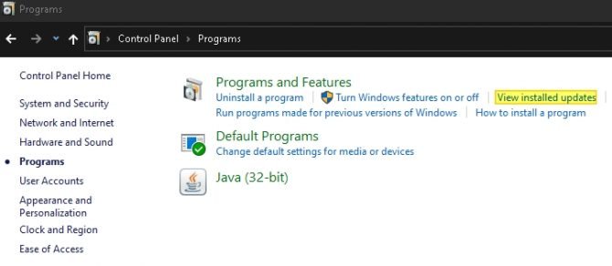 Control Panel - View Installed Updates