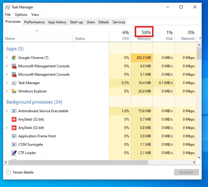 memory usage in task manager