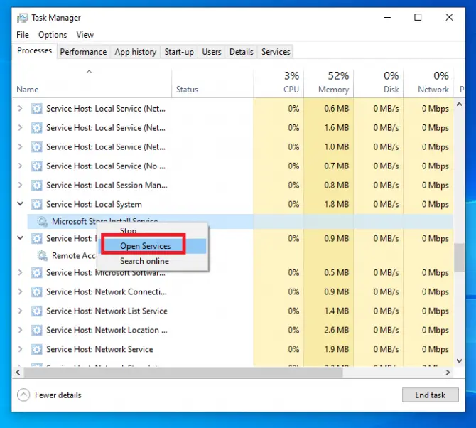 opening services from task manager