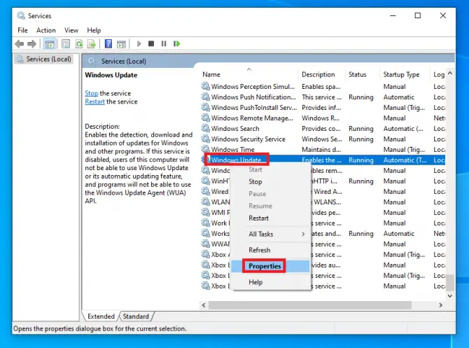 opening Windows update service properties