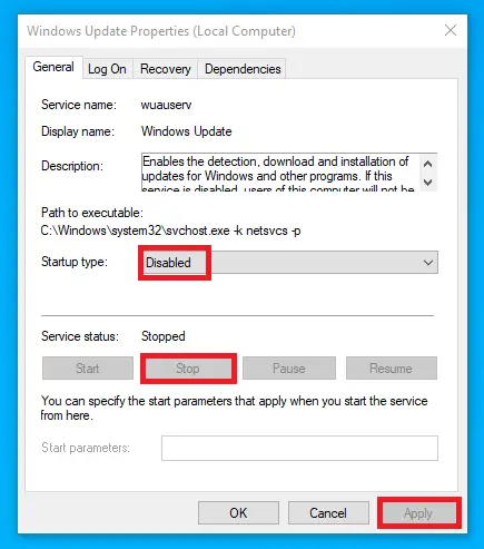 disabling Windows update service