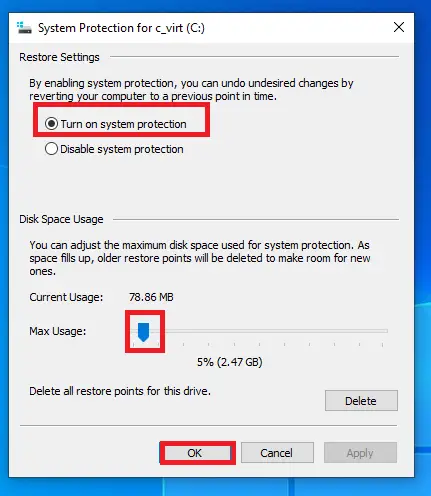 turning on system protection and checking disk space