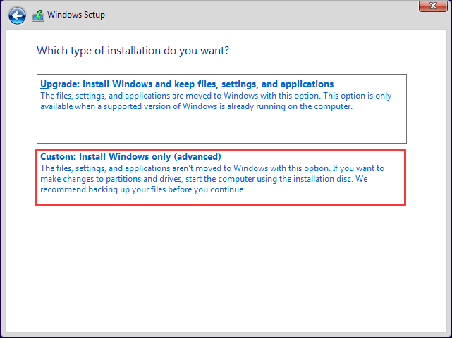 Using Custom Install to Format Drive.