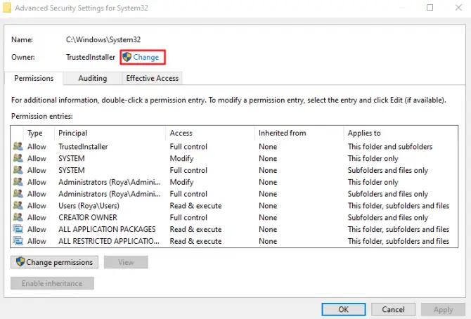 How To Change Ownership from TrustedInstaller to User - Hit Change Button