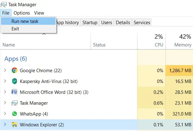 Run new task from Task Manager