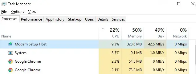 Modern Setup Host showing high memory and disk use.