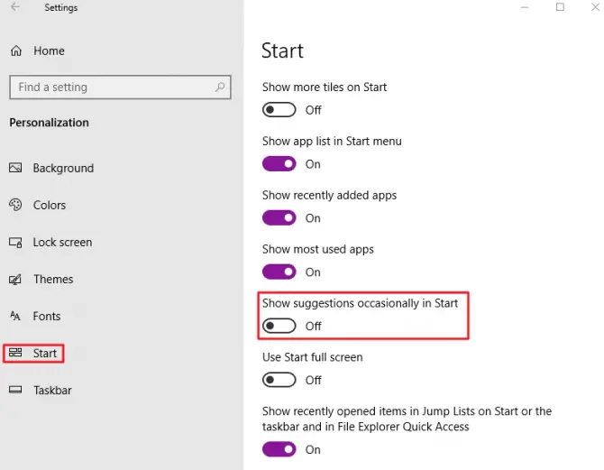 How to turn off Window suggestions on Start.