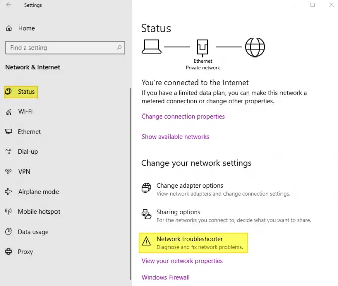 Run the built-in Network Troubleshooter to fix the WiFi connected but no internet issue