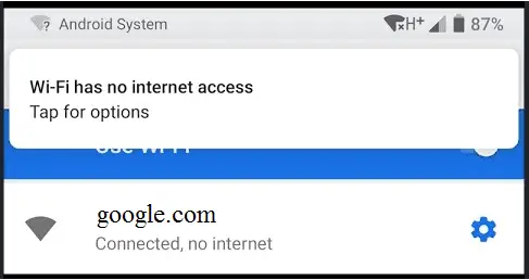 WiFi connected but no internet error message