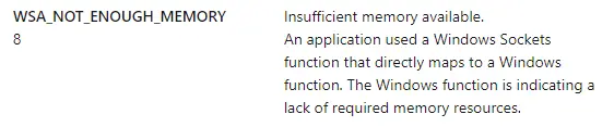 Winsock Error Message for Insufficient Memory