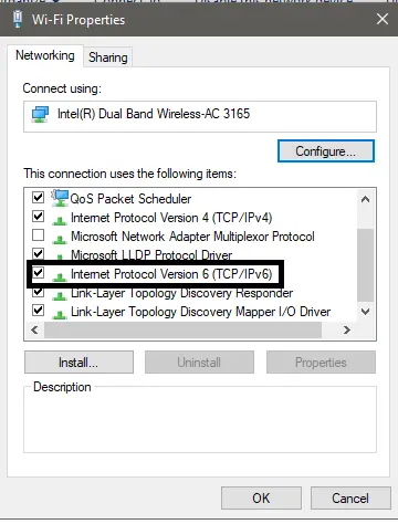 Uncheck IPv6