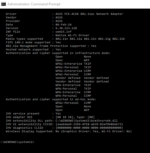 Netsh WLAN Show Drivers Command Line