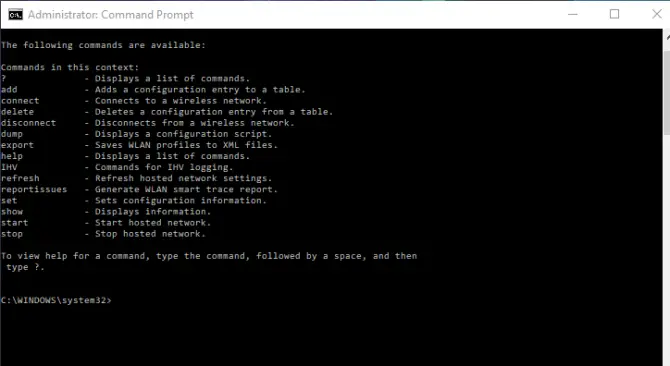 Netsh WLAN Command Line - Brings Up Help Categories