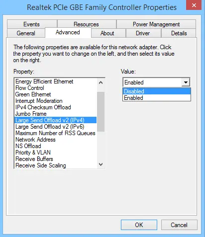 Large Send Offload to disabled