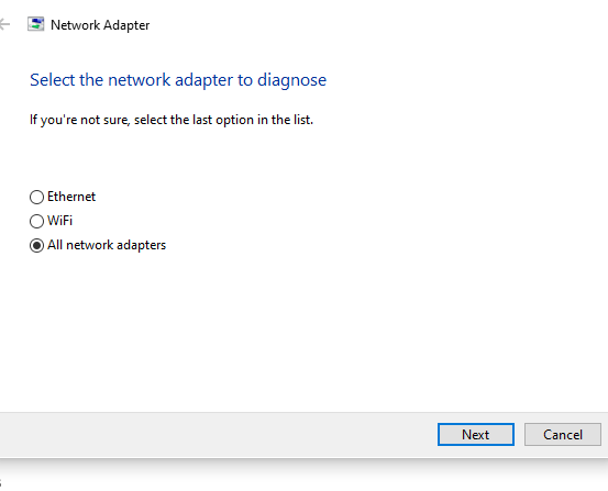Network adapter troubleshooting options