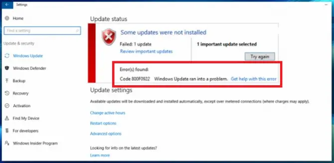 0x800f0922 Windows update error message