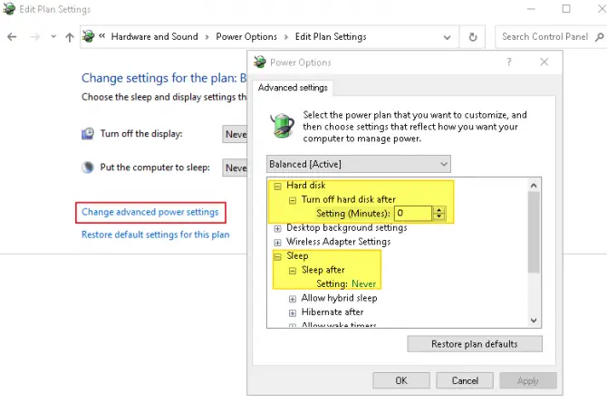 Use Advanced Power Settings to Turn Off Hard Disk & Sleep