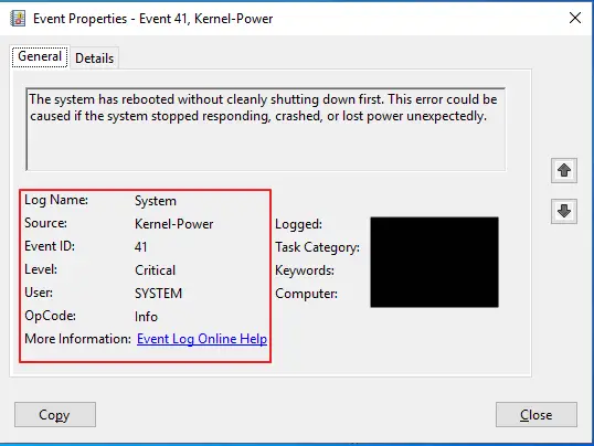 Kernel Power 41 Error as shown in Event Manager