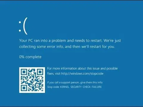 Kernel Security Check Failure error message on Windows Blue Screen