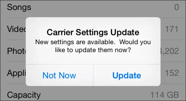 Carrier settings update on an iOS device