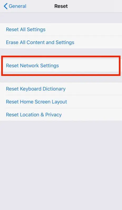 Reset network settings on an iOS device